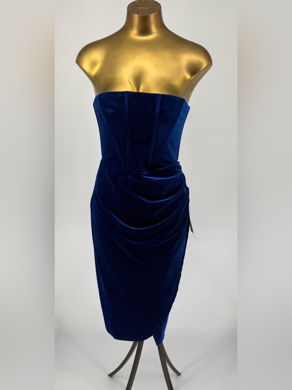 Strapless Velvet Ruched Midi Dress - Royal Blue